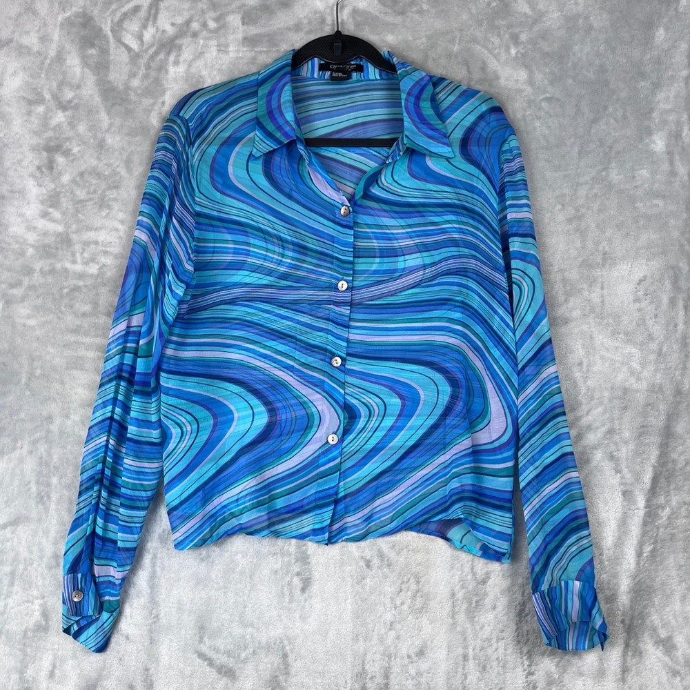 Karen‎ Kane 100%Silk Swirl Print Button Up Shirt Blouse Top Blue